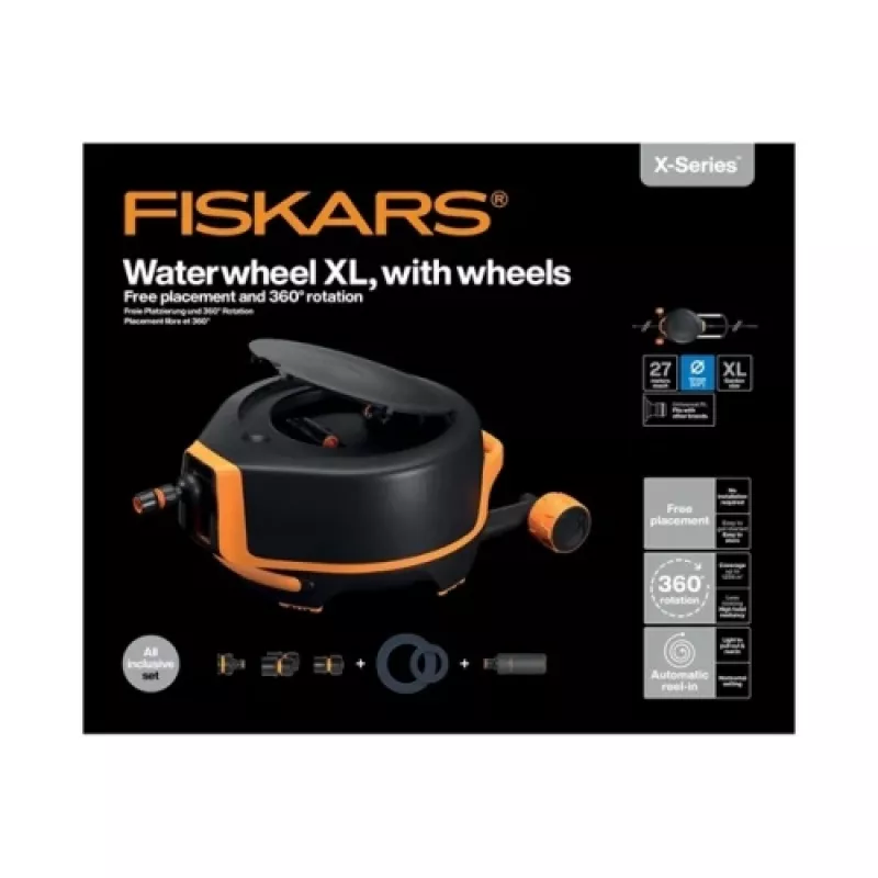 Fiskars sodo būgnas su XL žarna ant ratų