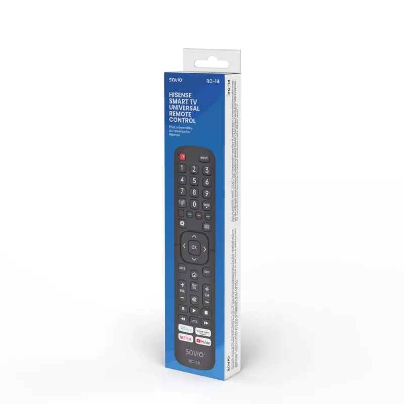 Universalus nuotolinio valdymo pultas SAVIO RC-14, skirtas Hisense Smart TV, IR belaidis, palaiko 14 įrenginių, veikimo nuotolis iki 10 m, juodas