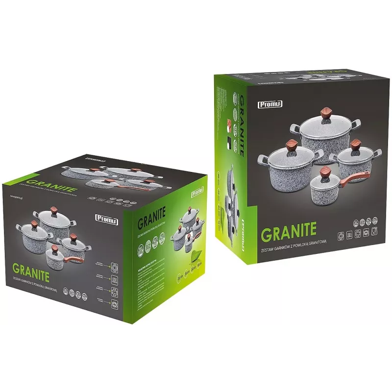 PROMIS granito puodų rinkinys, 16 cm kastrulis ir 20, 24, 28 cm puodai, rudi kotai