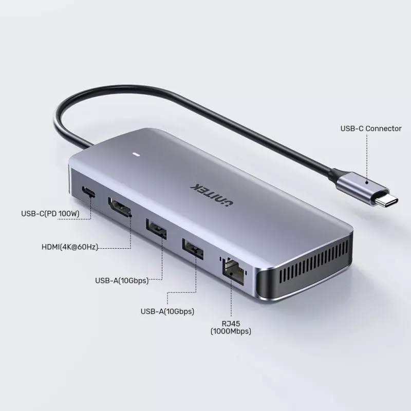 UNITEK aktyvus USB-C centras 10 Gbps, M.2, HDMI, PD 100W