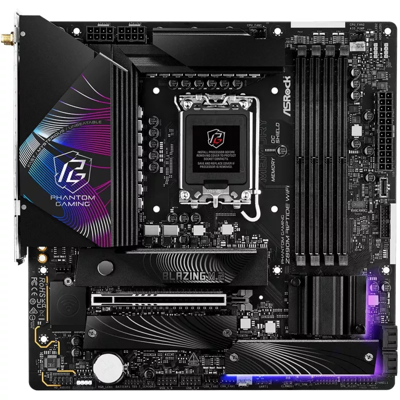 Motininė plokštė ASRock Phantom Gaming Z890M Riptide WiFi — Intel Z890, LGA1851, microATX, DDR5, 4x DIMM, 256GB, Wi‑Fi 6E, 2.5Gb LAN