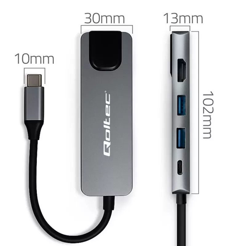USB-C stotelė QOLTEC 53795 5‑in‑1 su 100W PD, 2×USB-A, HDMI 4K, RJ45