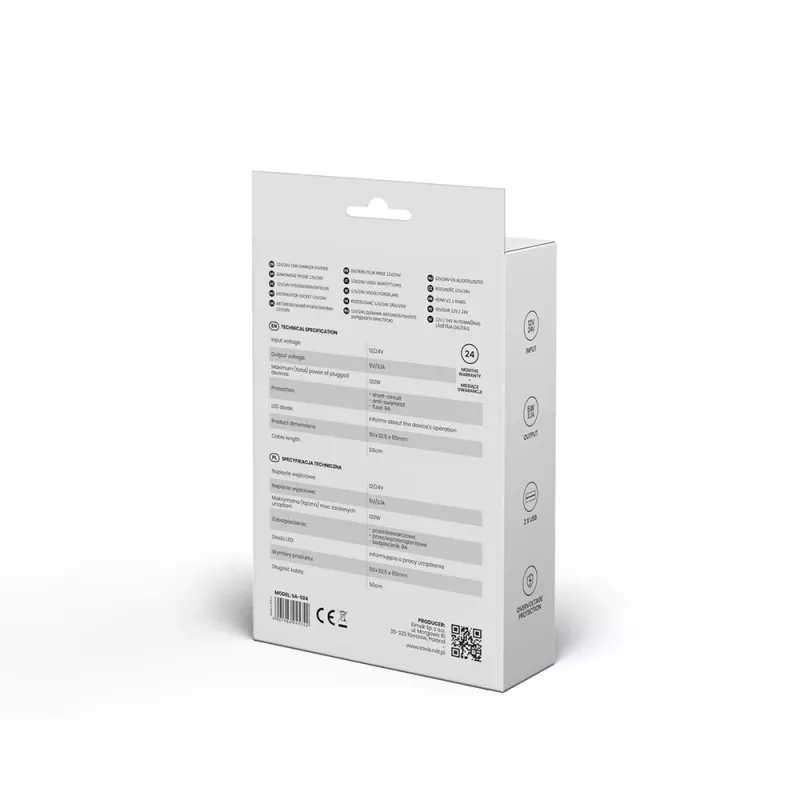 Automobilinis USB įkroviklis SAVIO SA-024 – universalus mobiliųjų įrenginių įkroviklis, įėjimas 12–24 V, išėjimas 5 V, juodas, cigarečių degtukas
