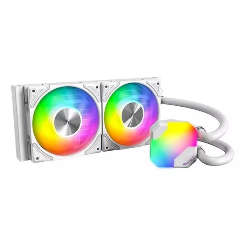 AIO vandens aušintuvas Montech Hyper Flow ARGB 240 mm White – 240 mm radiatorius, ARGB apšvietimas, balta spalva