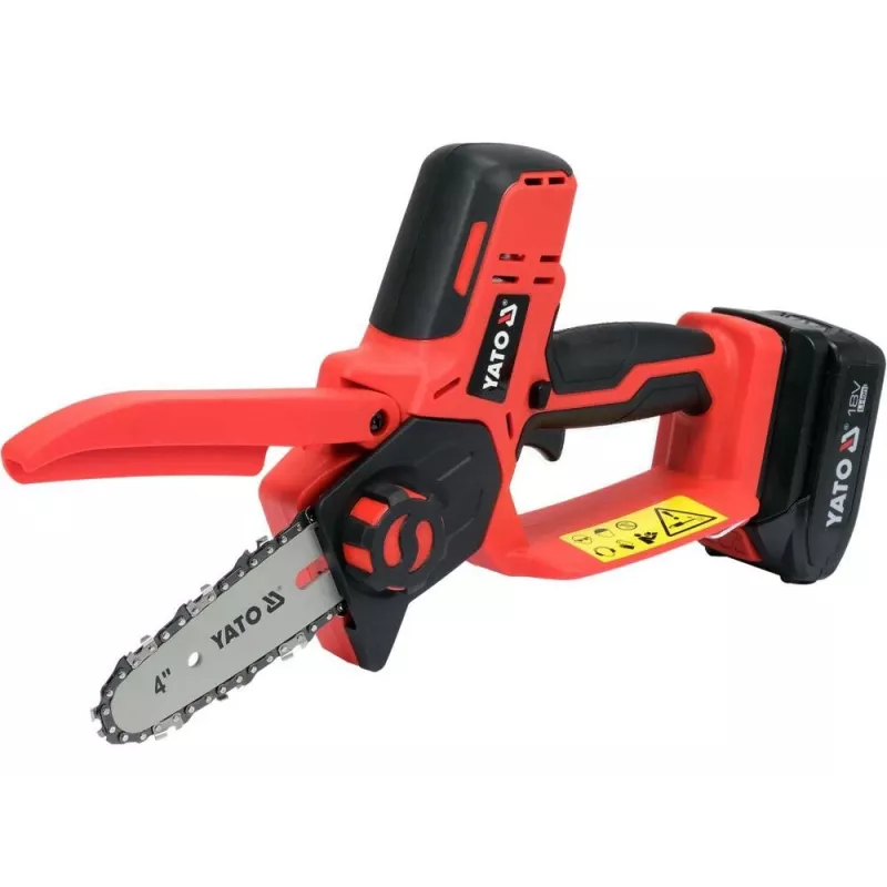 Belaidis pjūklas grandininis YATO YT-828135 — 18V Li-Ion 2Ah, 10 cm padanga, 3200 aps./min., 4,8 m/s grandinės greitis, 26 grandžių