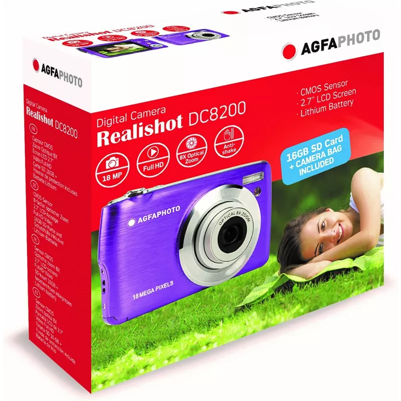 Skaitmeninis fotoaparatas Agfa Photo DC8200 Violetinis + Dėklas + SD 16GB kortelė
