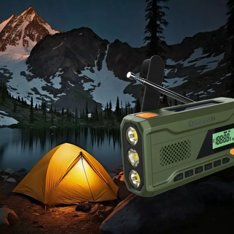 Nešiojamas FM radijas MANTA RDI401G su saulės baterija, dinaminiu sukimu, 4000–4500 mAh akumuliatoriumi, 5V USB išėjimu, 3W, žibintuvėliu