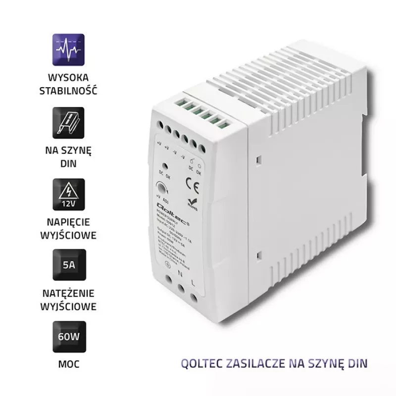 Qoltec maitinimo šaltinis DIN bėgiui | 60W | 12V | 5A | Baltas | Siauras