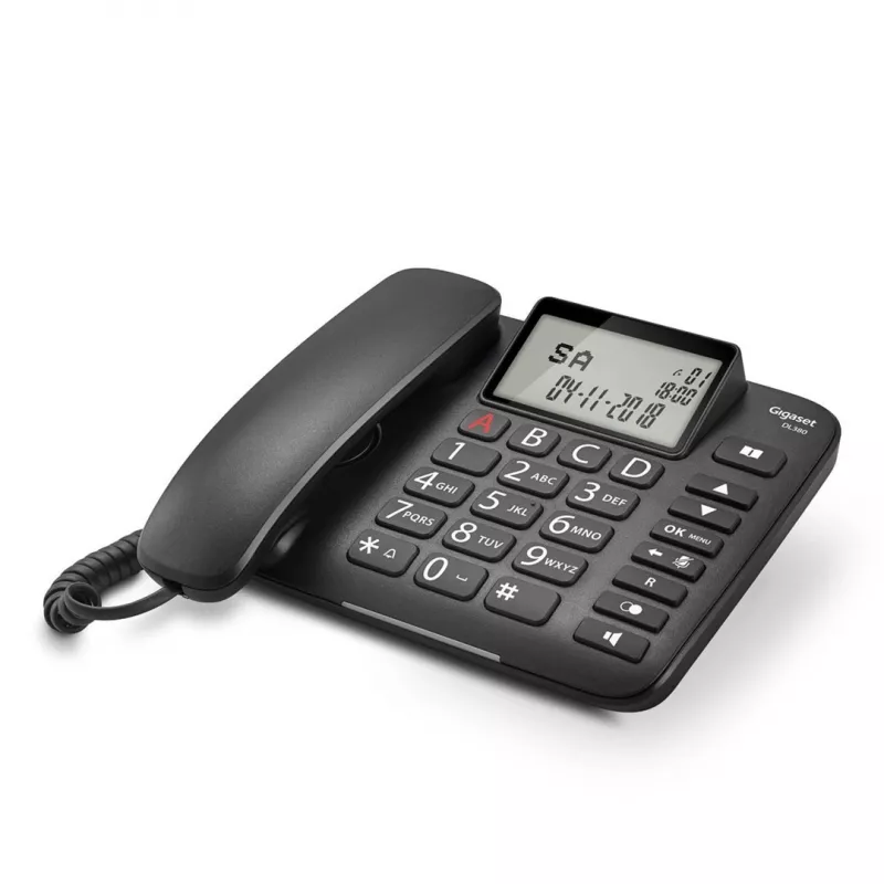 Laidinis telefonas Gigaset DL380 su dideliais klavišais ir aukšto kontrasto ekranu, juodos spalvos