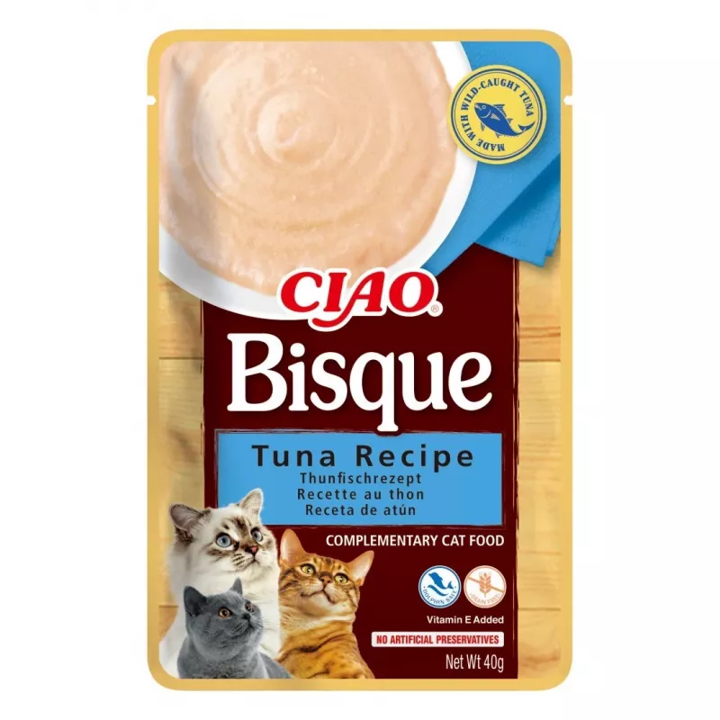 Šlapias skanėstas katėms INABA CIAO Bisque – tunas, jautiena, vištiena, 40 g paketėlis, pakuotė po 24 vnt.