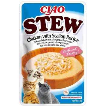 Drėgnas skanėstas katėms INABA Ciao Stew Vištiena ir Jūros šukutės 40 g – be grūdų, suaugusioms katėms