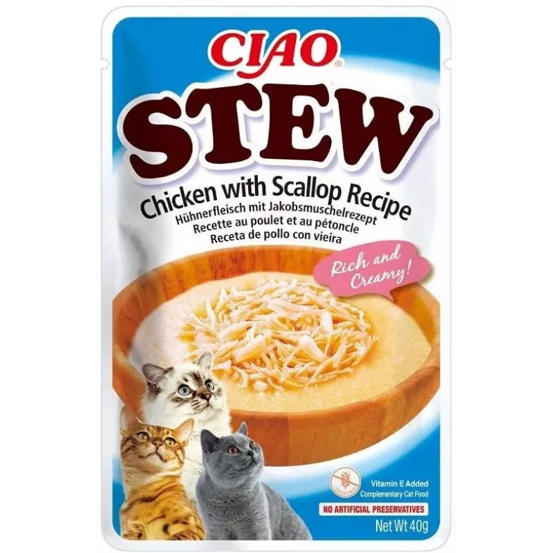 Drėgnas skanėstas katėms INABA Ciao Stew Vištiena ir Jūros šukutės 40 g – be grūdų, suaugusioms katėms