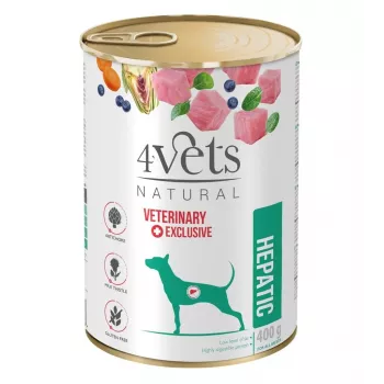 Šlapias konservuotas šunų ėdalas 4vets Natural Hepatic 400 g – veterinarinė dieta kepenų funkcijai palaikyti, kalakutiena, 77% drėgmės