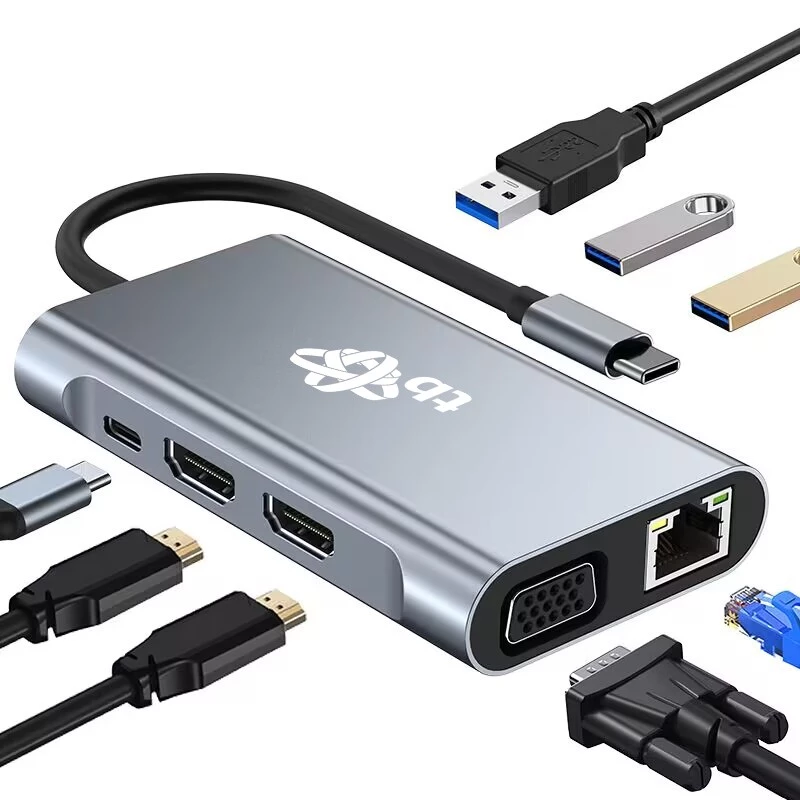 HUB 8v1 adapteris USB-C HDMI x2 USB VGA RJ45 PD