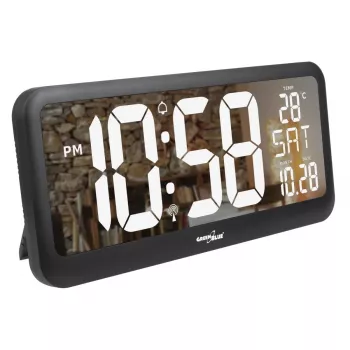 Didelis skaitmeninis laikrodis sieninis / ant stovo su temperatūros jutikliu 37x17 cm LCD ekranas, maitinamas adapteriu ir baterijomis