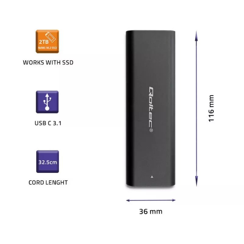Qoltec 50312 išorinis M.2 NVMe SSD korpusas, USB Type-C, juodas