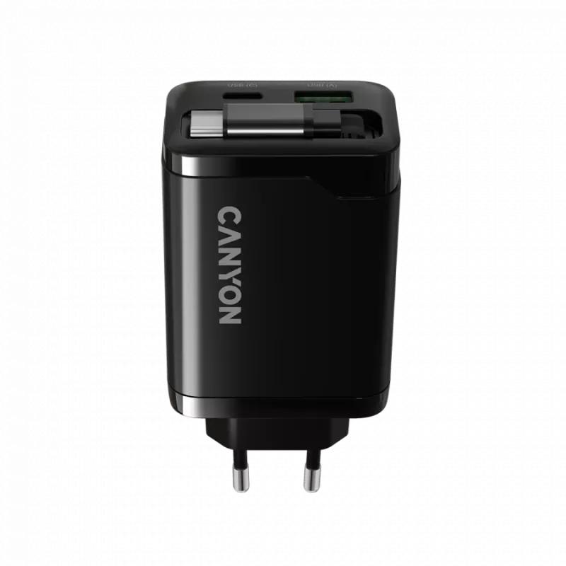 Įkroviklis CANYON OnCharge 65RC su integruotu USB-C laidu, 65W, 1x PD, 1x QC, EU kištukas, Juodas