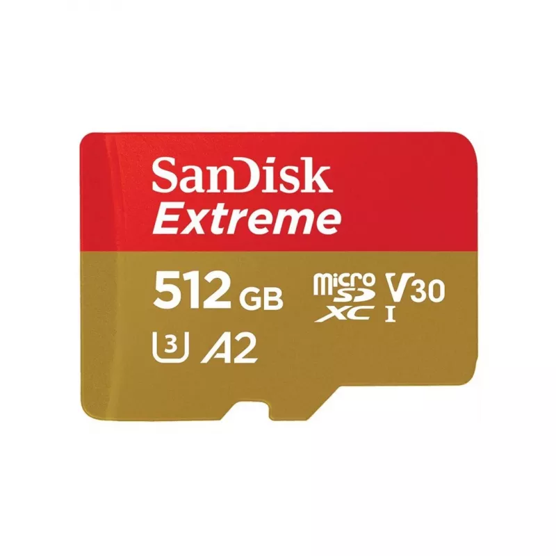 „SANDISK Extreme“ „MicroSDHC“ atminties kortelė 512 GB, UHS-I A1 V30 U3 10 klasė, skaitymas 190 MB/s, rašymas 130 MB/s, su SD adapteriu