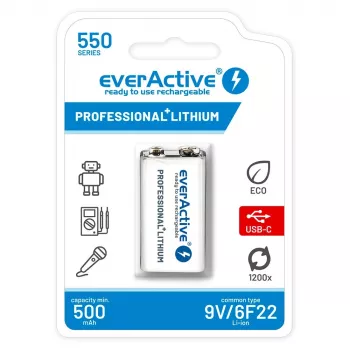 Įkraunama baterija everActive 6F22/9V Li-ion 550 mAh su USB TYPE C