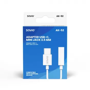 USB Type-C (M) – Jack 3,5 mm (F) garso adapteris baltas SAVIO AK-52