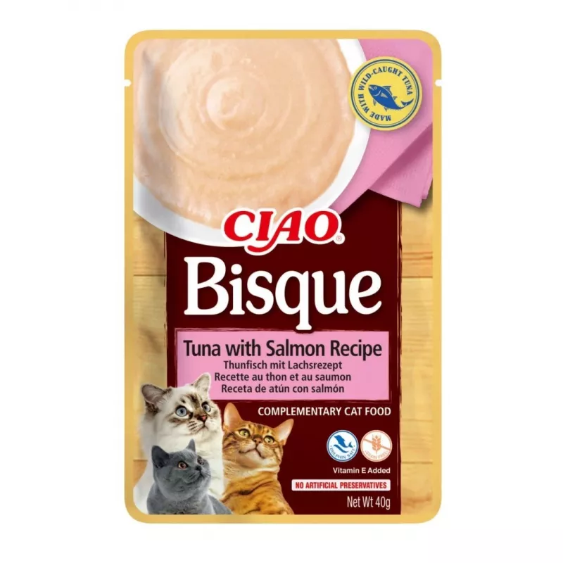 Šlapias skanėstas katėms INABA CIAO Bisque – tunas, jautiena, vištiena, 40 g paketėlis, pakuotė po 24 vnt.