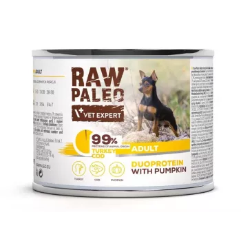 Šlapias šunų ėdalas VETEXPERT RAW PALEO Duoprotein Turkey & Cod suaugusiems 200 g skardinė