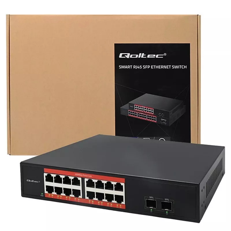 Tinklo jungiklis QOLTEC 52364 — Gigabit Ethernet PoE 16xRJ45, 2xSFP