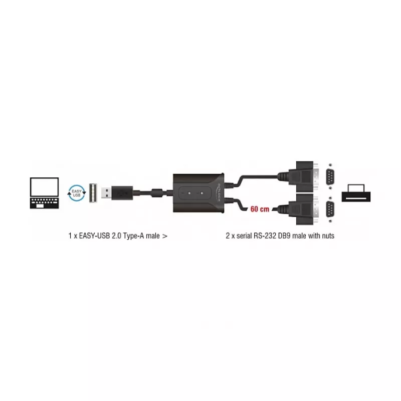 Serijinis kabelis DeLOCK 63950 USB 2.0 Type-A 2 x RS-232 DB9 juodas 0,6 m