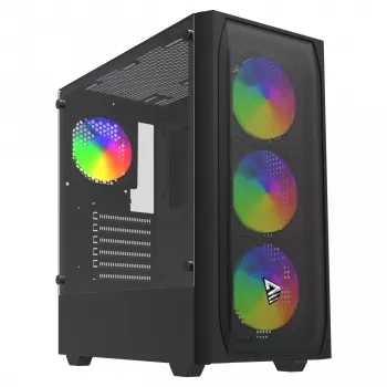PC korpusas SAVIO Noctis Flow RGB — Cube, ATX/Mini-ITX, 3x 120 mm priekiniai ventiliatoriai, grūdintas stiklas šone, maks. GPU 35 cm