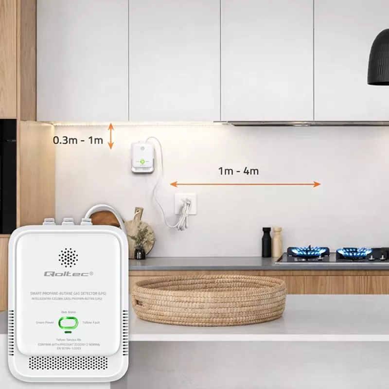 Dujų nuotėkio detektorius QOLTEC 52652 – propanui/butanui (LPG), 85 dB signalas, LED indikatorius