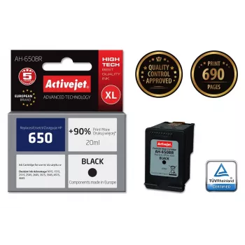 Kasetė rašalinė ActiveJet AH-650BR, suderinama su HP 650, juodas pigmentinis rašalas, XL 20 ml, ~690 puslapių