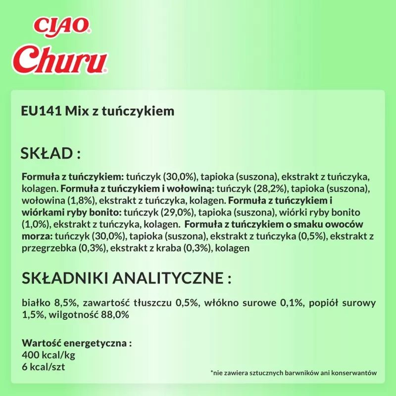 Šlapieji skanėstai katėms INABA Churu Variety Box – Tunas, 40 × 14 g pastos paketėliai, be grūdų, be glitimo