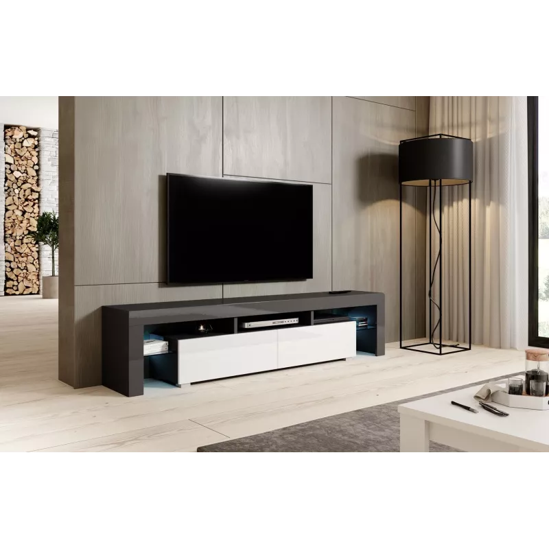 TV stovas Cama Meble TORO 200 — 2000×350×410 mm, pilkas viršus iš medžio drožlių plokštės, pilkas/baltas blizgesys