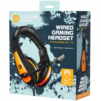 CANYON Star Raider GH-1A, žaidimų ausinės 3.5 mm lizdu, su reguliuojamu mikrofonu ir garsumo valdymu, su 2in1 3.5 mm adapteriu, kabelis 2 m, juodos spalvos, 0.23 kg