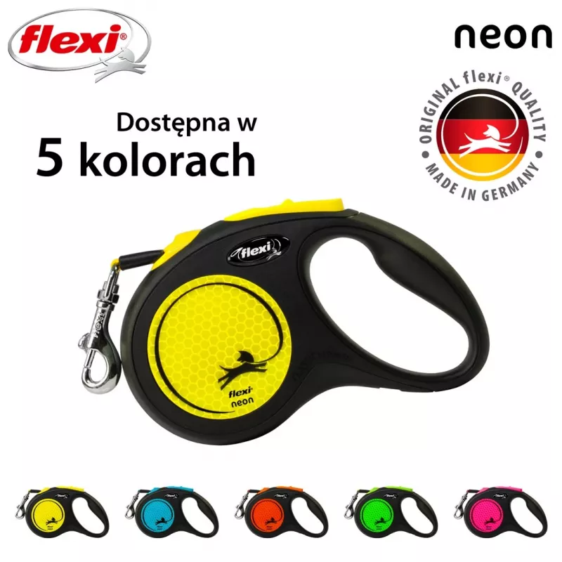 Ištraukiamasis pavadėlis Flexi New NEON 5 m – juostinis pavadėlis mažiems šunims iki 15 kg, juodai geltonas