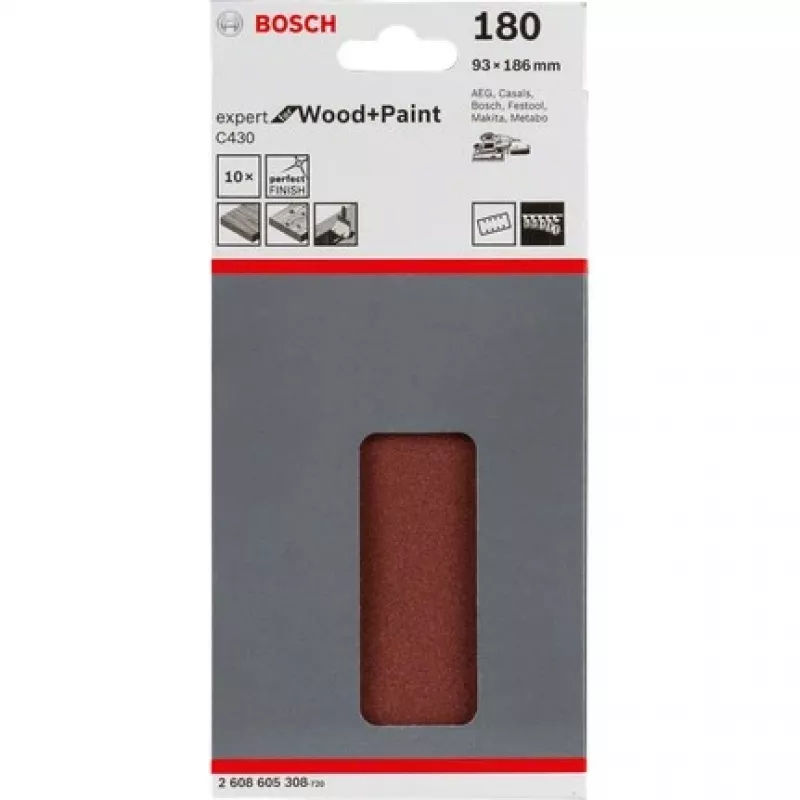 Šlifavimo lakštas Bosch C430 Expert for Wood and Paint, smulkus grūdėtumas P180, sintetinė derva, 93x186 mm, 10 vnt.