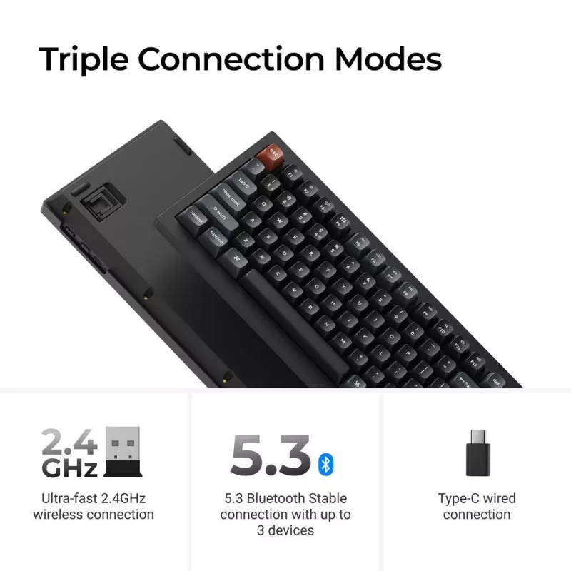 Mechaninė klaviatūra Keychron V1 Ultra 8K — 75% formatai, QWERTY, Bluetooth, RGB, Juoda