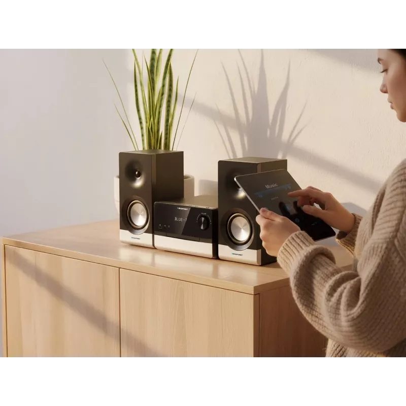 Namų garso mikro sistema BLAUPUNKT MS40.2BT — 2×50 W RMS, Bluetooth, CD, USB, HDMI ARC, optinis įėjimas, LED ekranas (juoda)
