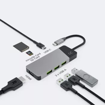 USB Type-C stotelė Green Cell HUBGC01 — 7 prievadai: 3×USB-A 3.2 Gen 1, 1×USB-C 3.2 Gen 1, HDMI, microSD+SD kortelių skaitytuvas — sidabrinė