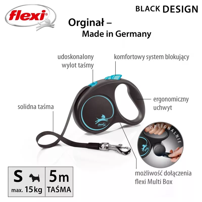 Flexi automatinis pavadėlis Black Design S 5 m, mėlynas