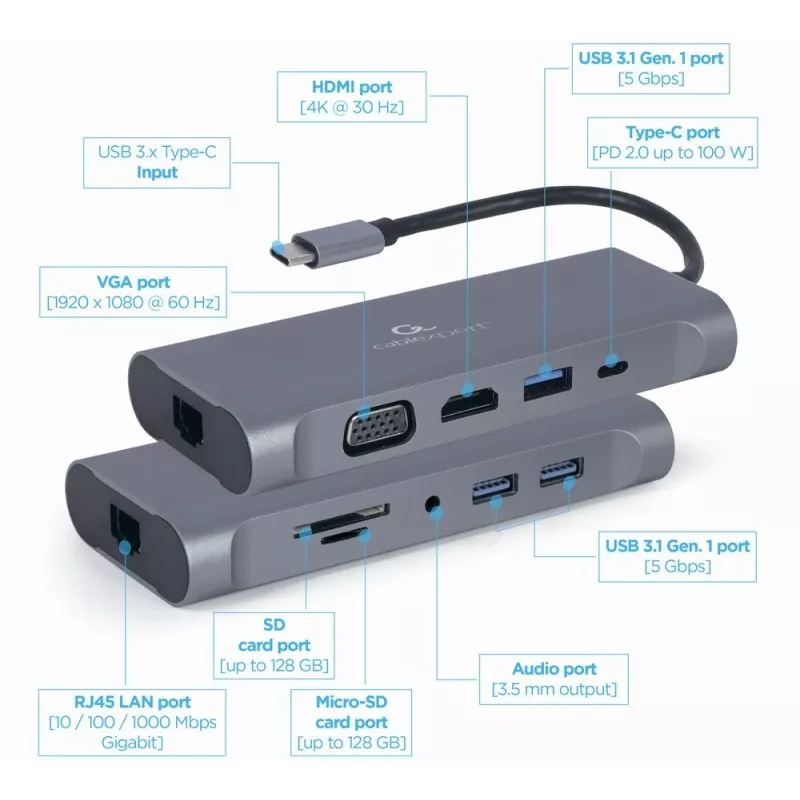 Gembird A-CM-COMBO7-01 nešiojamojo kompiuterio dokas / prievadų replikatorius USB 3.2 Gen 1 (3.1 Gen 1) Type-A pilkas