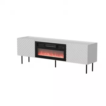 Spintelė televizoriui Cama Meble LUCCA 180x40x59 cm, baltas viršus ir rėmas, juodas elektrinis židinys