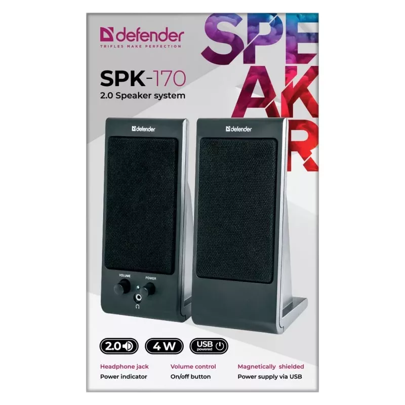 Staliniai garsiakalbiai DEFENDER SPK-170 2.0, 4 W RMS, laidinis USB 5 V, 3,5 mm, juodi