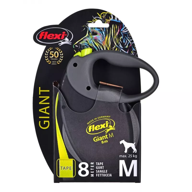Ištraukiamas pavadėlis Flexi NEON GIANT M — 8 m juostinis pavadėlis, max apkrova 25 kg, ergonomiška rankena, juoda/geltona