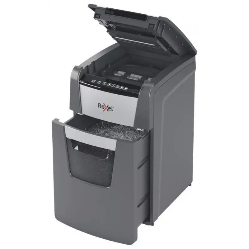 Rexel Optimum AutoFeed+ 130X popieriaus smulkintuvas, kryžminis pjovimas, 55 dB, 22 cm, juoda, sidabrinė