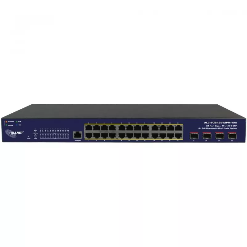 Valdomas tinklo jungiklis ALLNET ALL-SG8428v2FPM-10G — 24+4 prievadai, PoE, 10G išorinės jungtys
