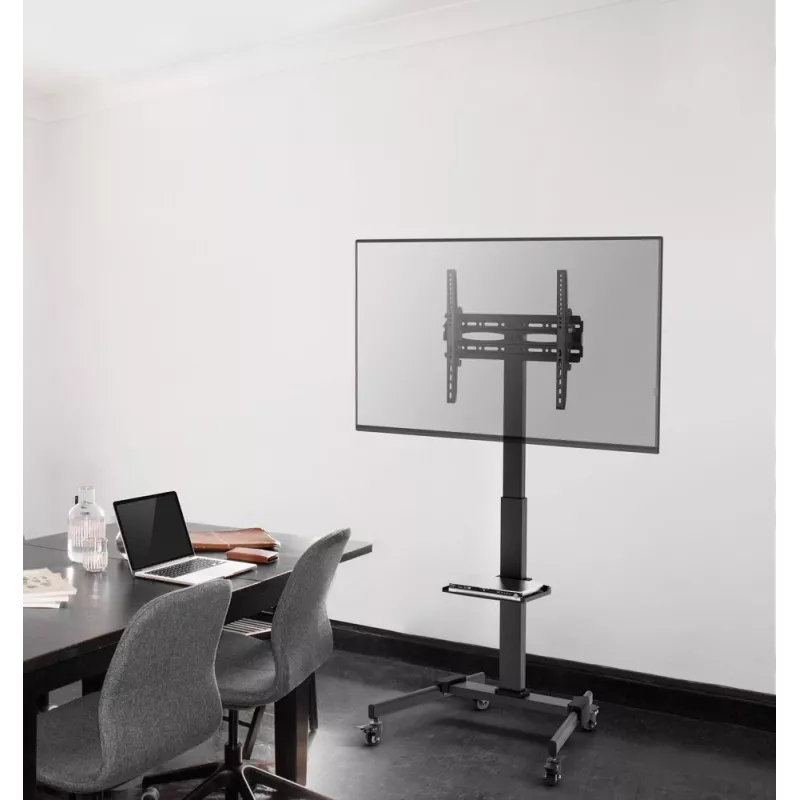 TV stovas GEMBIRD TVS-55T-01, 32–55 col., plieninis, reguliuojamas aukštis, VESA 100x100–400x400, pakreipimas, ratukai, max 35 kg