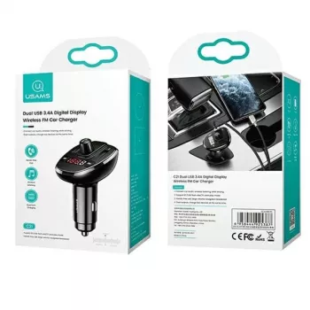 USAMS US-CC115 C21 automobilinis FM siųstuvas su dvigubu USB įkrovikliu, Bluetooth 5.0, 3,4 A, juodas