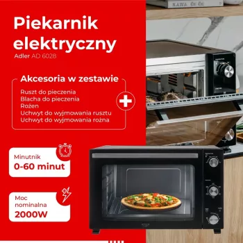 Elektrinė orkaitė Adler AD 6028 – 60 L, 2000 W, laisvai pastatoma, su rotiseriu, juoda