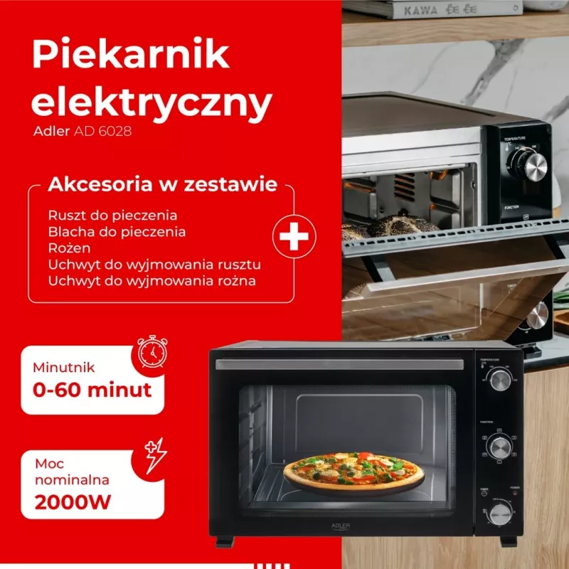 Elektrinė orkaitė Adler AD 6028 – 60 L, 2000 W, laisvai pastatoma, su rotiseriu, juoda
